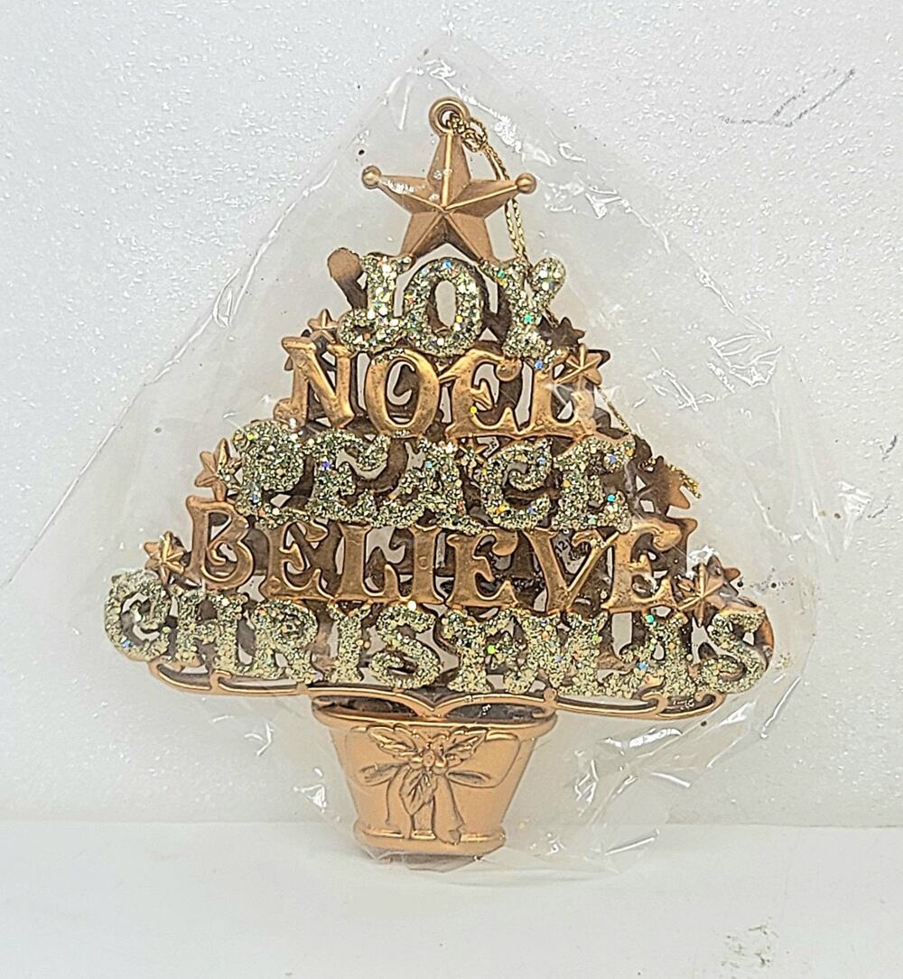 NEW Joy Noel Peace Believe Christmas Tree Ornament Gold Tone White Rhinestones